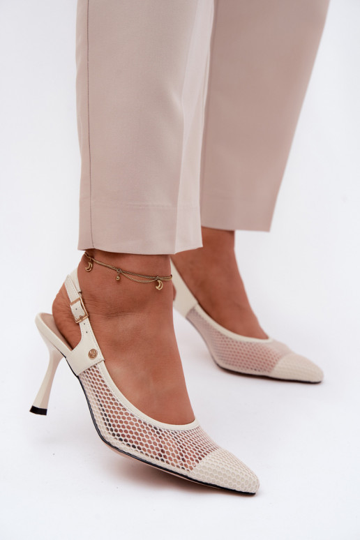 Sandales en cuir ivoire pour femmes avec talons fins Tai turiciejka K7507-22