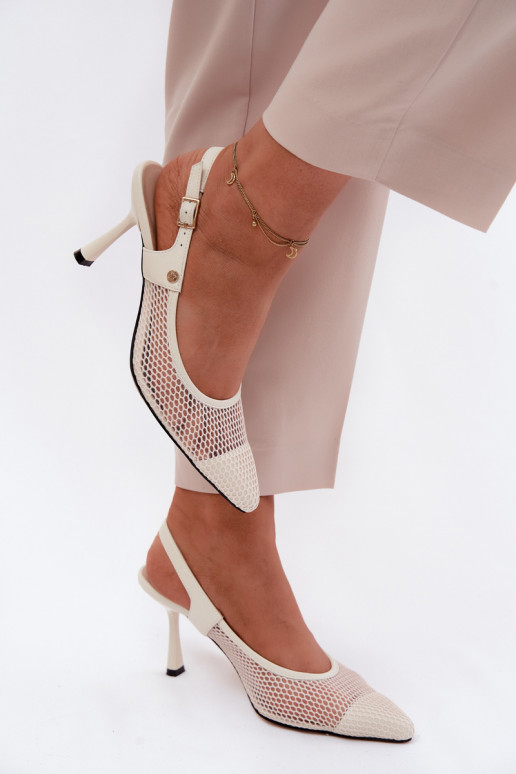 Sandales en cuir ivoire pour femmes avec talons fins Tai turiciejka K7507-22