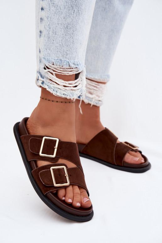 Sandales couleur chocolat en suédine synthétique avec boucles dorées Selissea