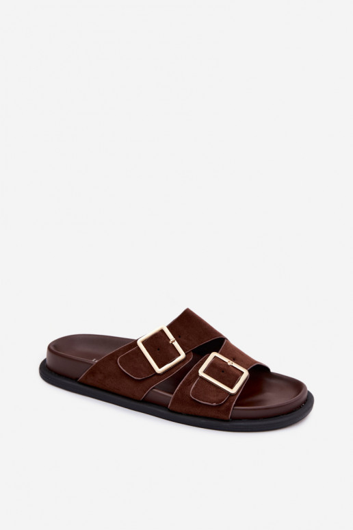 Sandales couleur chocolat en suédine synthétique avec boucles dorées Selissea