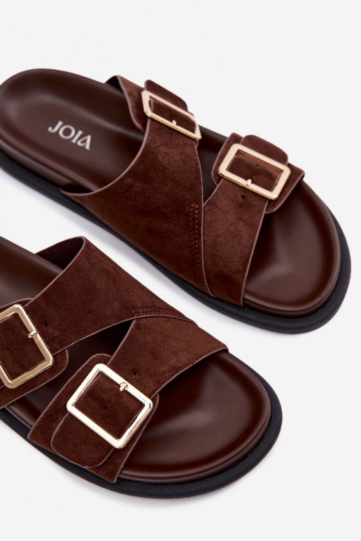 Sandales couleur chocolat en suédine synthétique avec boucles dorées Selissea
