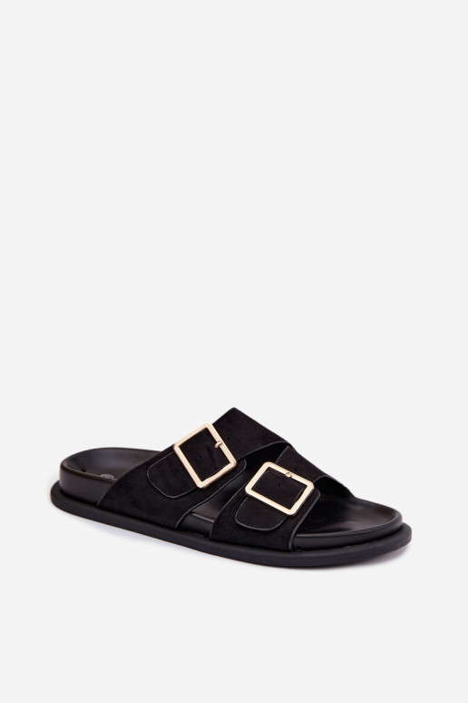 Chaussons en faux daim noir avec boucles dorées Selissea