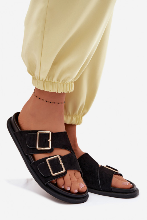 Chaussons en faux daim noir avec boucles dorées Selissea