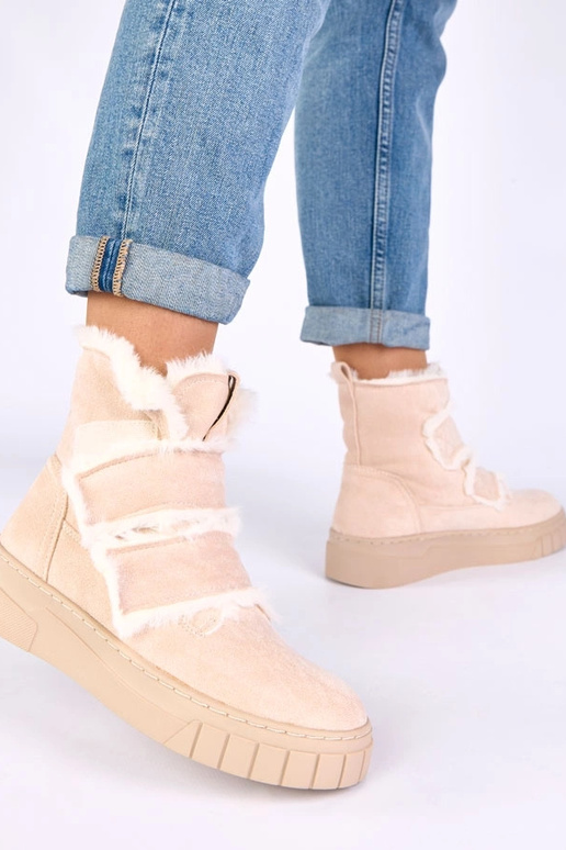 Bottines couleur sable avec velcro, ornées de fourrure Grace