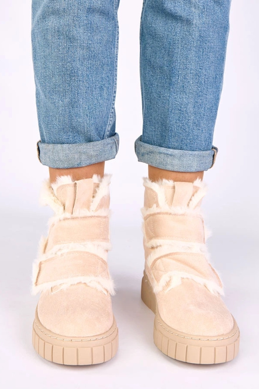 Bottines couleur sable avec velcro, ornées de fourrure Grace