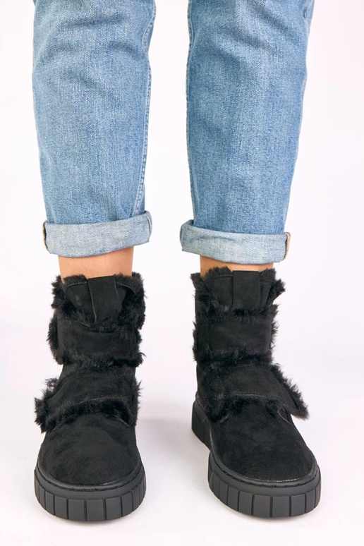 Bottines noires avec velcro, ornées de fourrure Grace