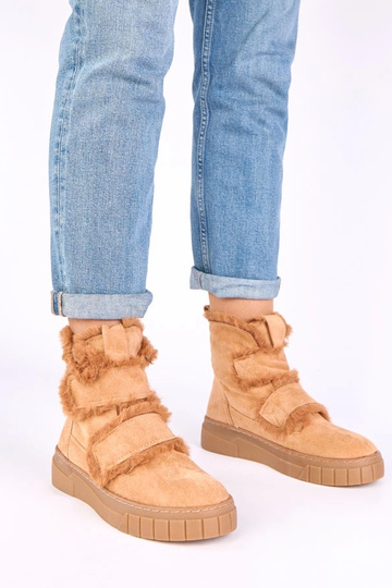 Bottines brunes avec velcro, ornées de fourrure Grace
