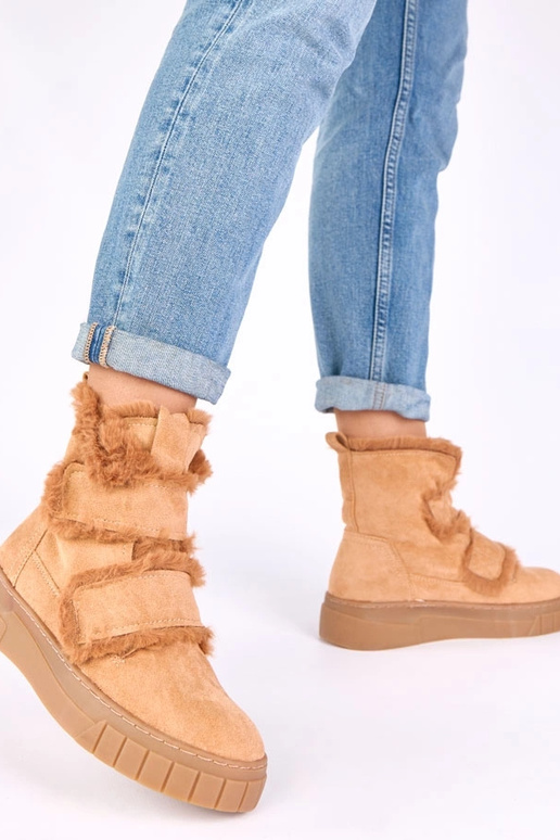 Bottines brunes avec velcro, ornées de fourrure Grace