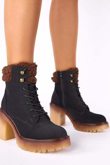 Bottines noires à talon bloc avec fourrure sur la tige Alona