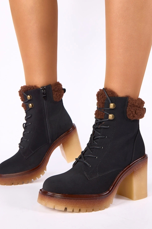 Bottines noires à talon bloc avec fourrure sur la tige Alona