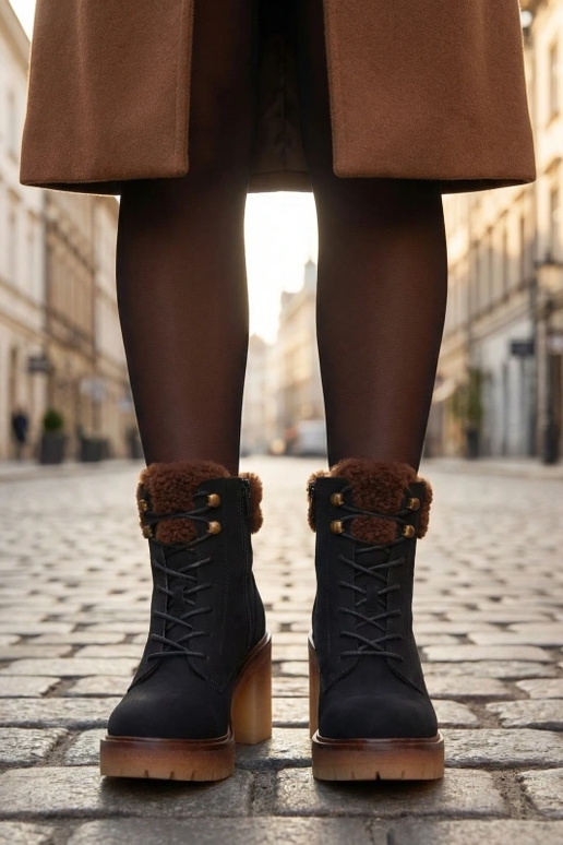 Bottines noires à talon bloc avec fourrure sur la tige Alona