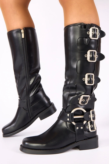 Bottes noires hautes à talon plat décorées de boucles Taliba