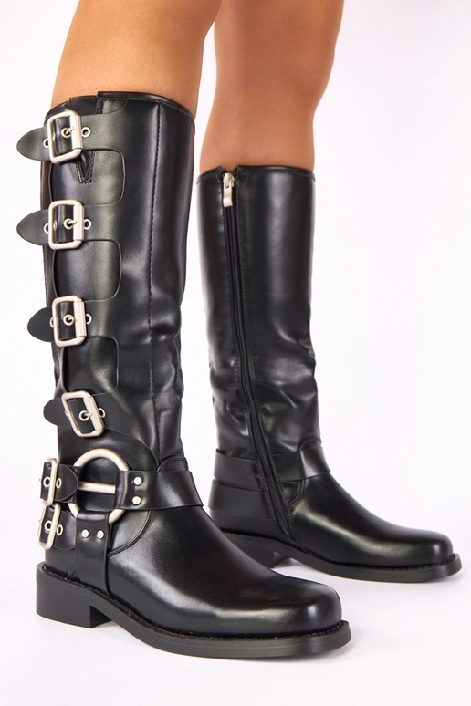 Bottes noires hautes à talon plat décorées de boucles Taliba