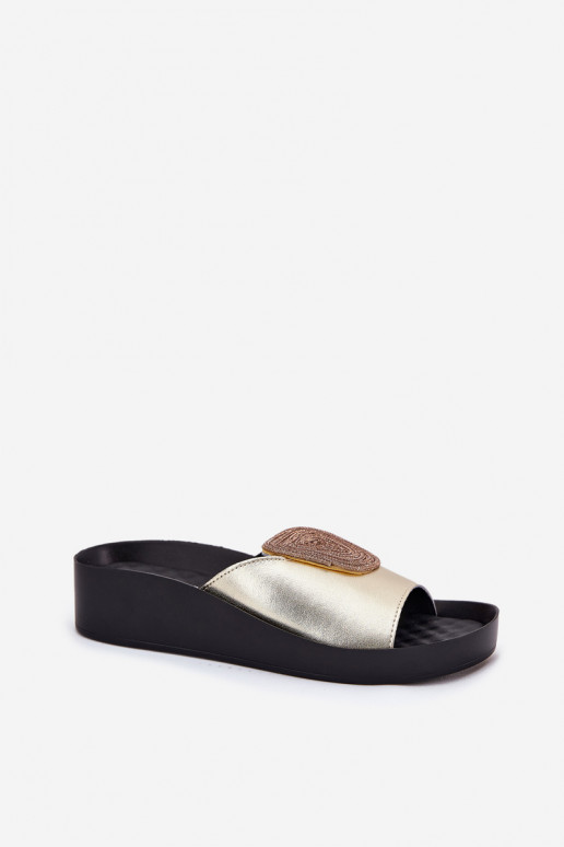 Chaussons en cuir dorés pour femmes avec ornements KV51-028