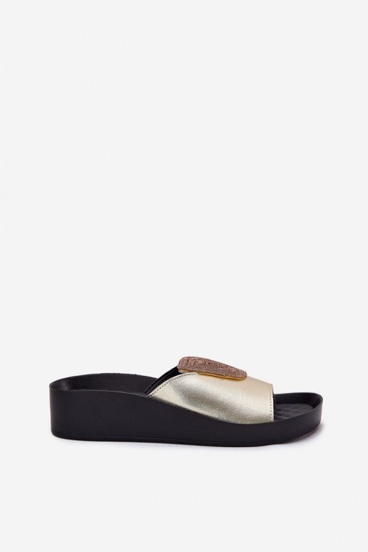 Chaussons en cuir dorés pour femmes avec ornements KV51-028