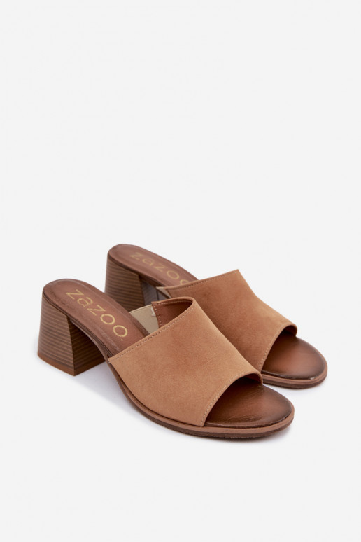 Mules à talons en suédine beige pour femmes Zazoo