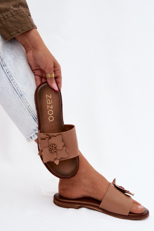 Chaussons en cuir pour femmes avec ornements Zazoo 40477 couleur cappuccino