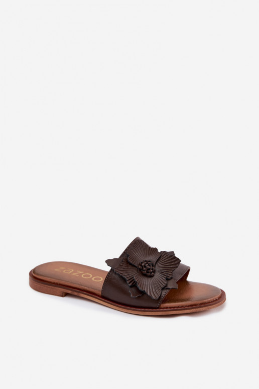 Chaussons en cuir pour femmes avec ornements Zazoo 40477 couleur chocolat