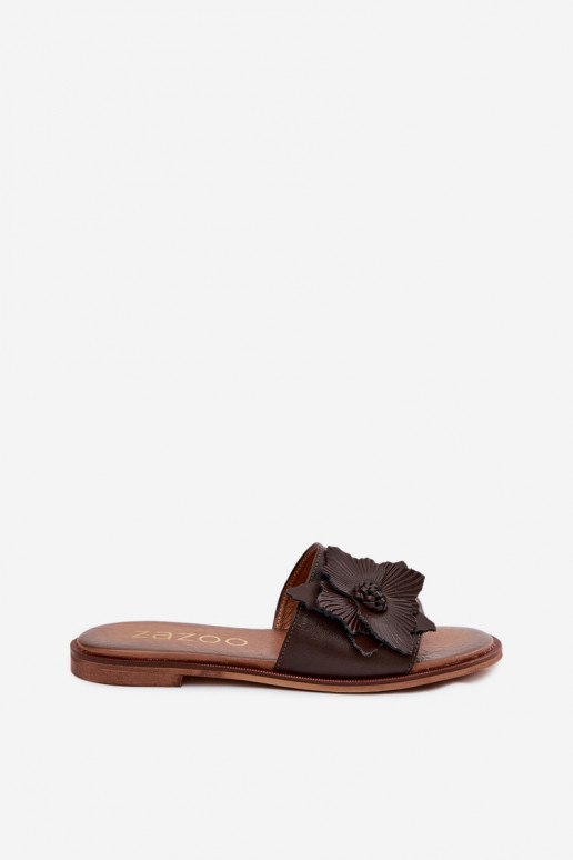 Chaussons en cuir pour femmes avec ornements Zazoo 40477 couleur chocolat