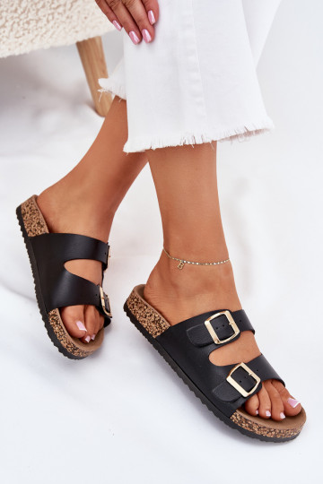 Chaussons noirs pour femmes avec boucles en simili cuir Iskira