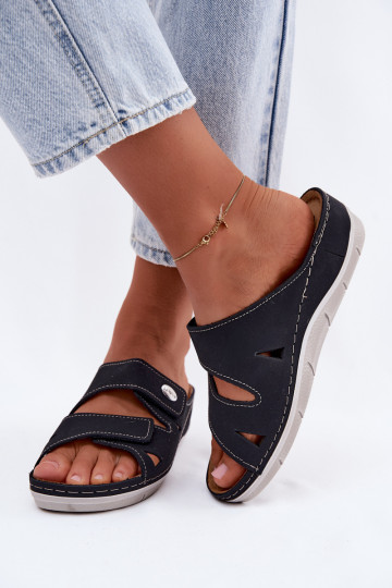 Pantoufles en cuir pour femmes bleu foncé avec fermetures adhésives Inblu OE0001GU 2
