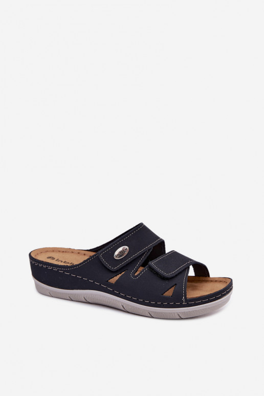 Pantoufles en cuir pour femmes bleu foncé avec fermetures adhésives Inblu OE0001GU