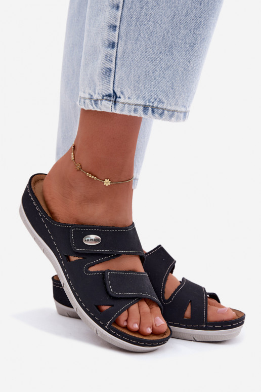 Pantoufles en cuir pour femmes bleu foncé avec fermetures adhésives Inblu OE0001GU