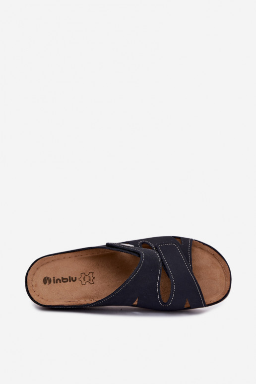 Pantoufles en cuir pour femmes bleu foncé avec fermetures adhésives Inblu OE0001GU