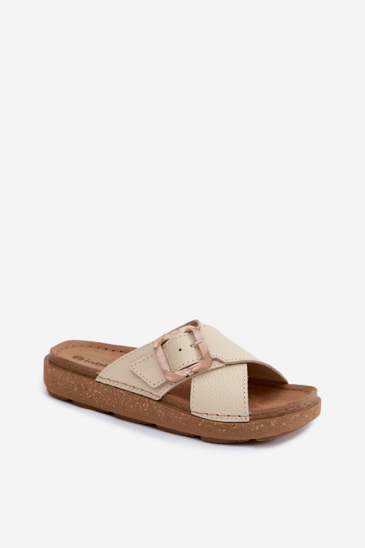 Pantoufles beiges en cuir pour femmes avec boucles Inblu ED0003IU
