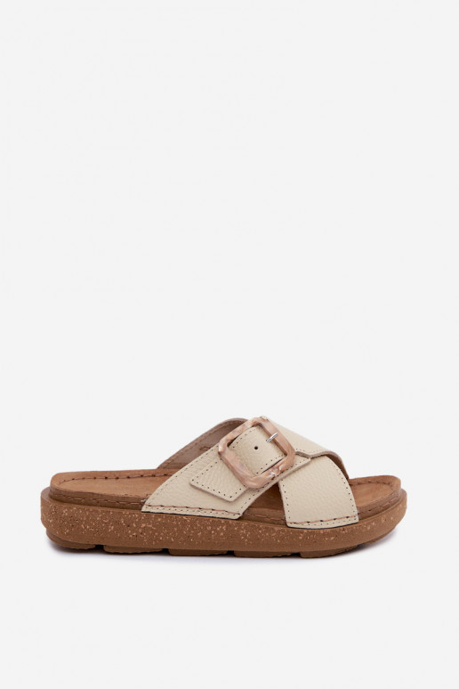 Pantoufles beiges en cuir pour femmes avec boucles Inblu ED0003IU
