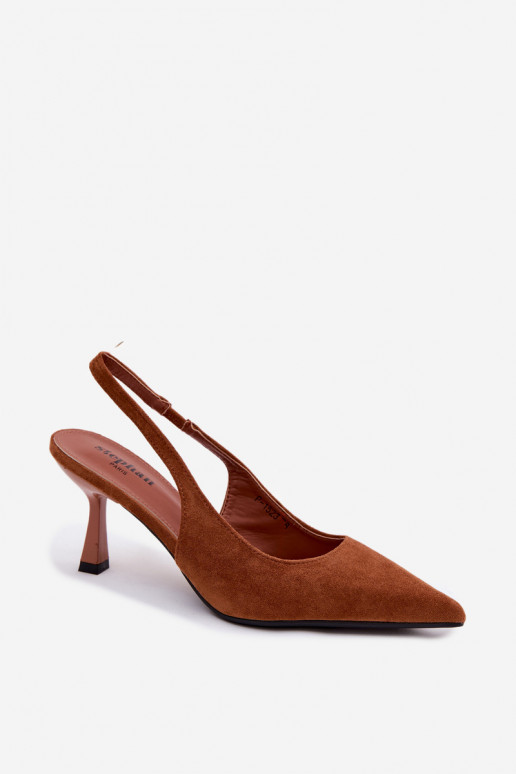 Sandales pour femmes brunes avec talons fins en daim synthétique Saria