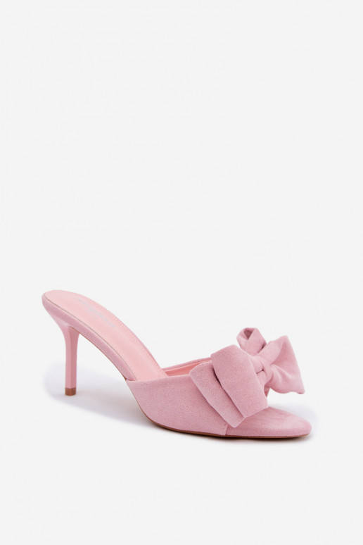 Chaussons roses pour femmes à talons fins et nœuds en daim synthétique Tai turignolia