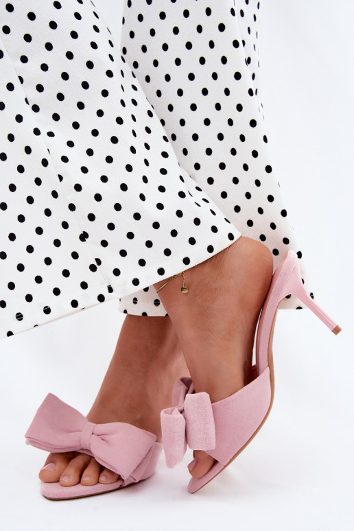 Chaussons roses pour femmes à talons fins et nœuds en daim synthétique Tai turignolia