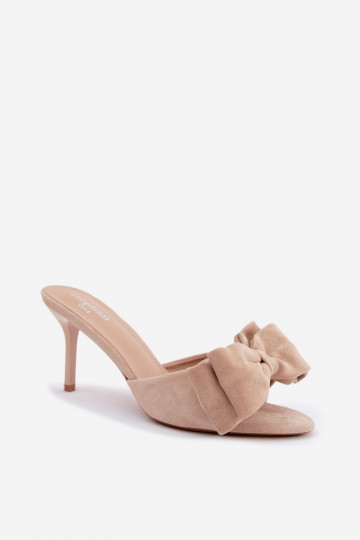 Chaussons pour femmes à talons fins et nœuds en suédine sable Tai turignolia 2