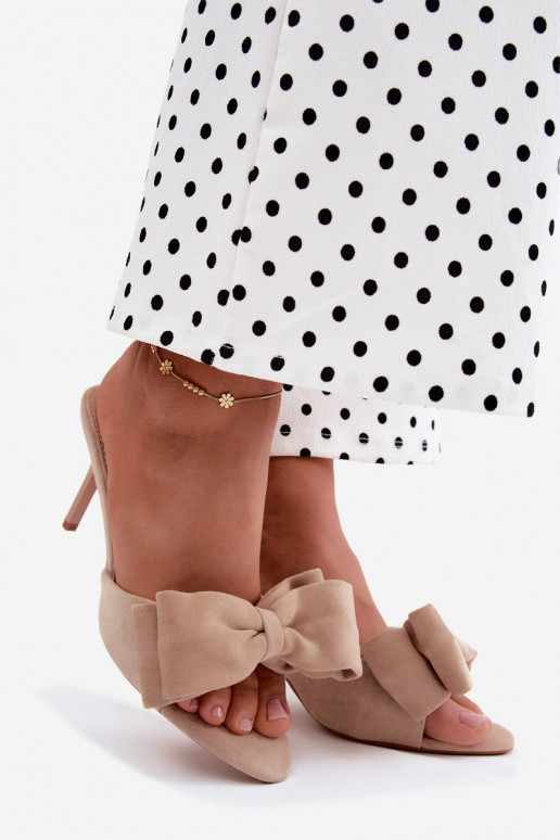 Chaussons pour femmes à talons fins et nœuds en suédine sable Tai turignolia