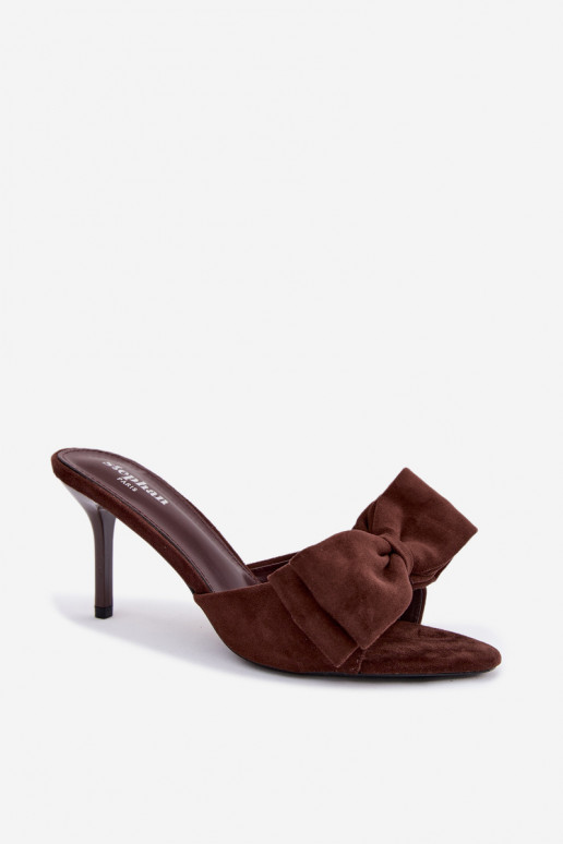 Chaussons pour femmes à talons fins et nœuds en suédine chocolat Tai turignolia