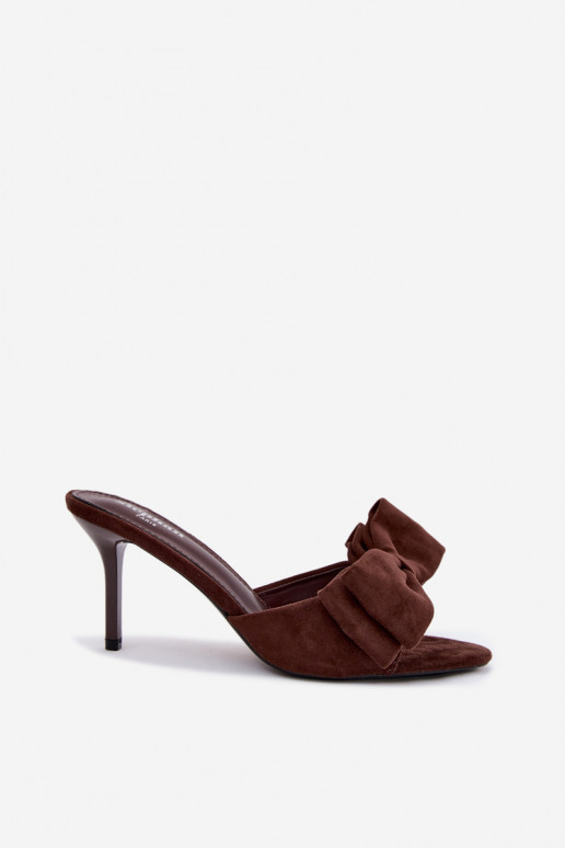 Chaussons pour femmes à talons fins et nœuds en suédine chocolat Tai turignolia