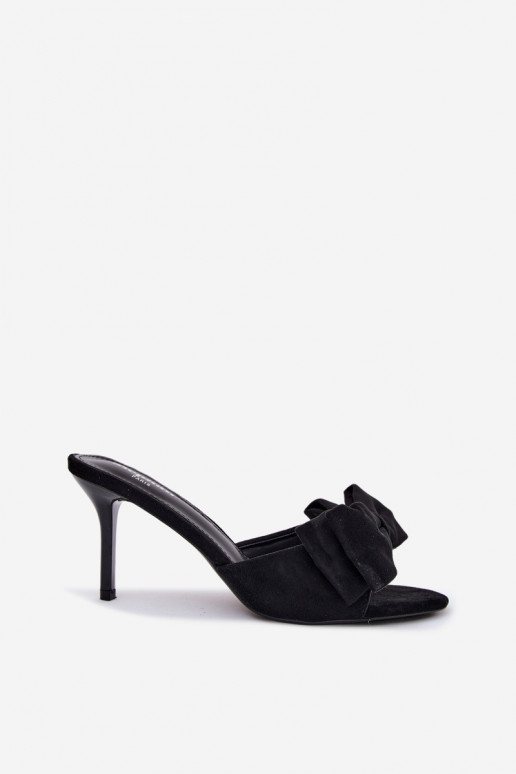 Chaussons noirs pour femmes à talons fins et nœuds en daim synthétique Tai turignolia