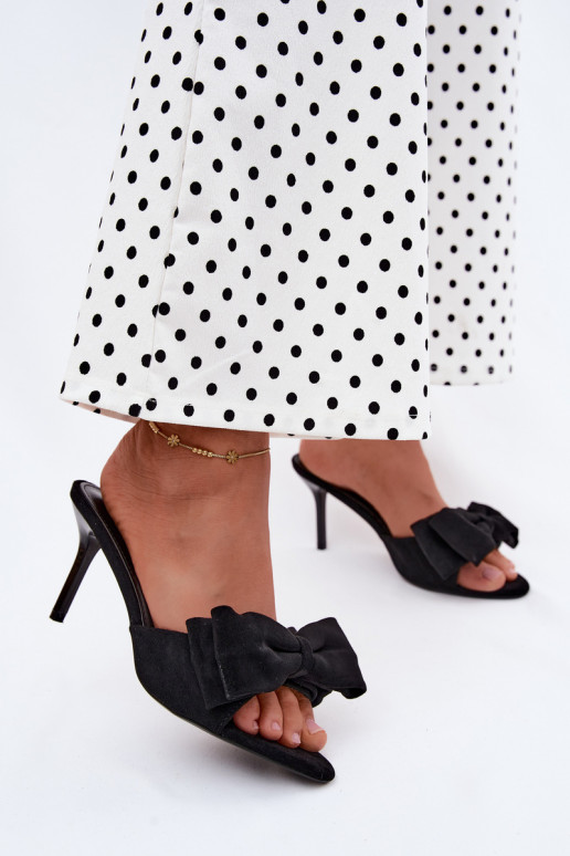 Chaussons noirs pour femmes à talons fins et nœuds en daim synthétique Tai turignolia