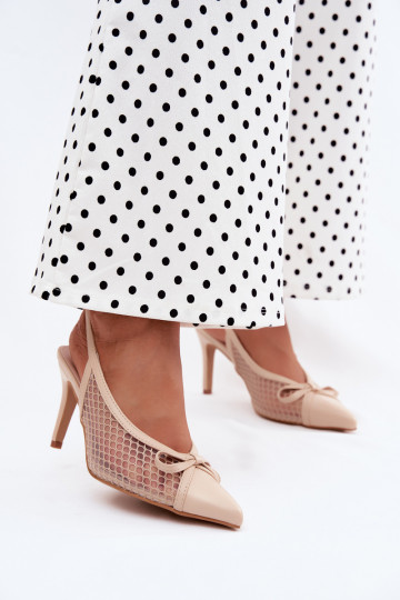Sandales en mesh beiges à talons fins et nœuds Moona