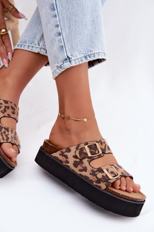 Chaussons à plateforme pour femmes avec boucles, imprimé léopard