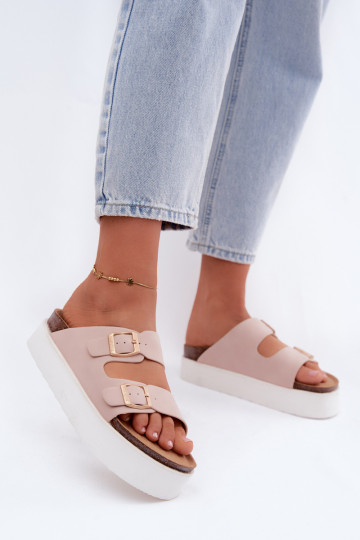 Chaussons roses pour femmes avec plateforme et boucles 2