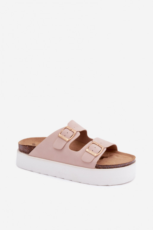 Chaussons roses pour femmes avec plateforme et boucles
