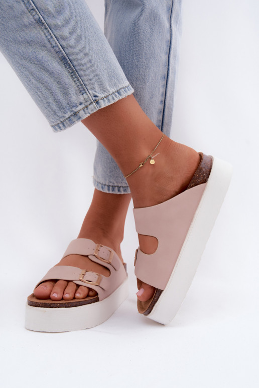 Chaussons roses pour femmes avec plateforme et boucles