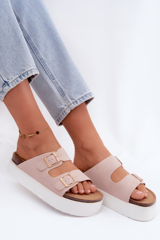 Chaussons roses pour femmes avec plateforme et boucles