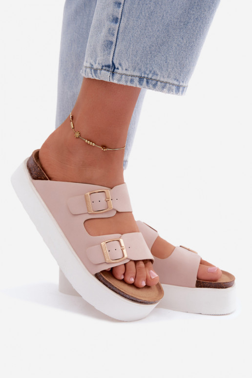 Chaussons roses pour femmes avec plateforme et boucles