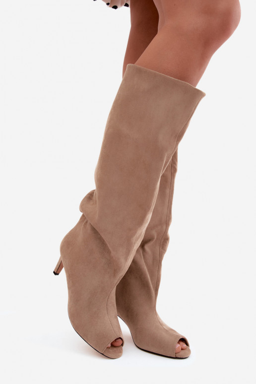 Bottes longues chaki à bout ouvert en daim synthétique sur un talon fin Puffina