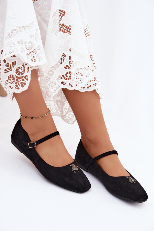 Ballerines femmes avec brides et boucles en couleur noire en daim synthétique Pinea