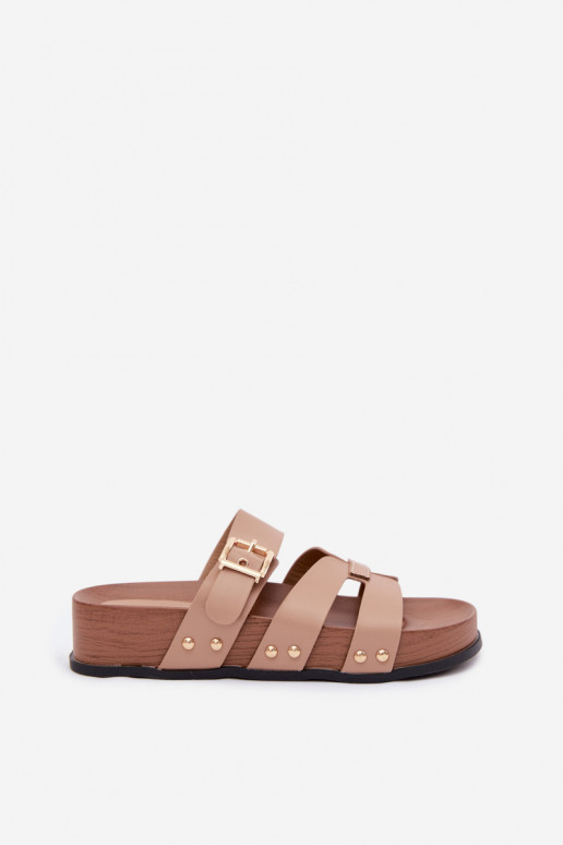 Chaussons pour femmes en cuir synthétique avec boucles couleur sable Cambria