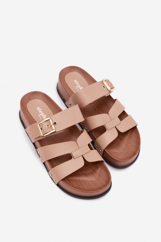 Chaussons pour femmes en cuir synthétique avec boucles couleur sable Cambria